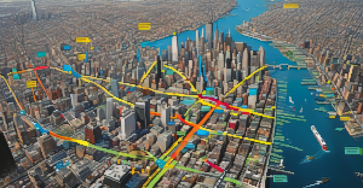 An aerial view of New York City with evacuation routes and emergency shelters highlighted on a map overlay.