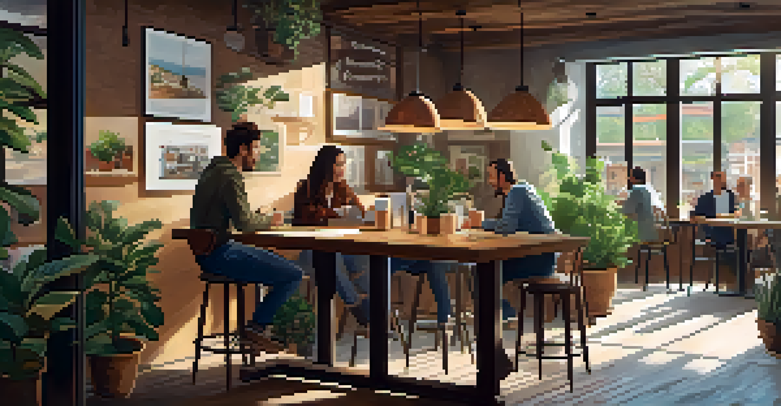 A cozy café with remote workers engaging in conversation around a wooden table, creating a friendly and collaborative environment.