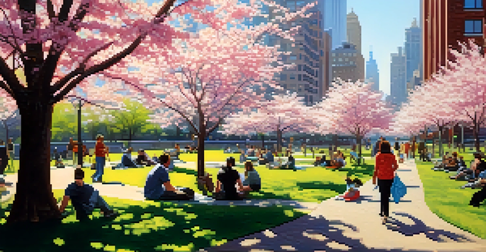 A peaceful urban park in NYC with blooming cherry blossom trees and people enjoying the day, skyscrapers in the background.