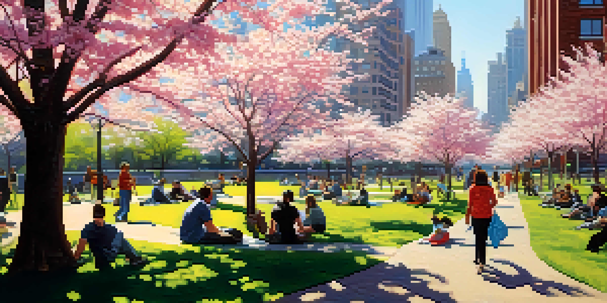 A peaceful urban park in NYC with blooming cherry blossom trees and people enjoying the day, skyscrapers in the background.