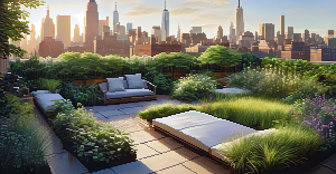 A vibrant rooftop garden in NYC with native plants and a rainwater harvesting system under warm sunlight, with the city skyline in the background.