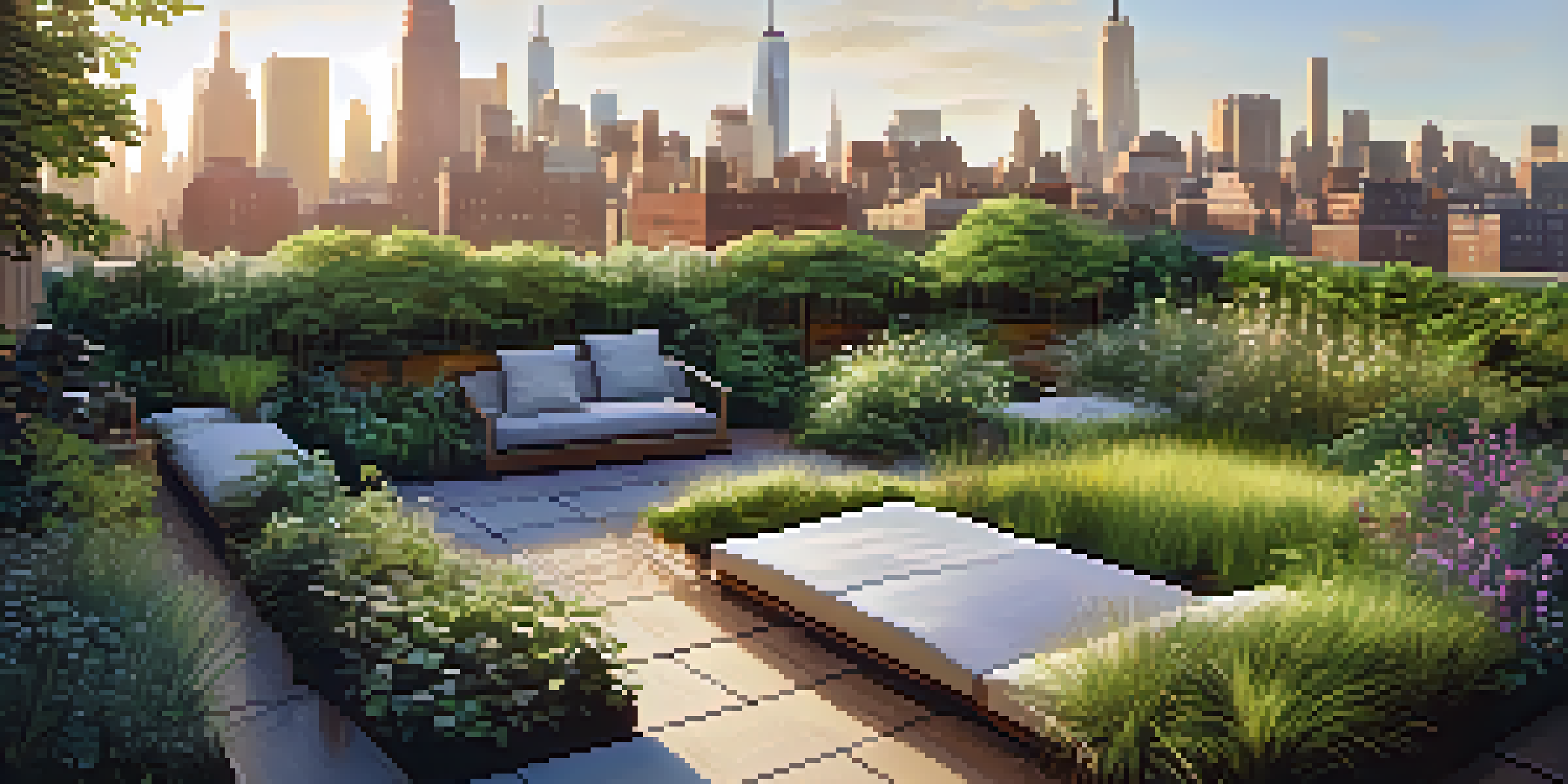 A vibrant rooftop garden in NYC with native plants and a rainwater harvesting system under warm sunlight, with the city skyline in the background.