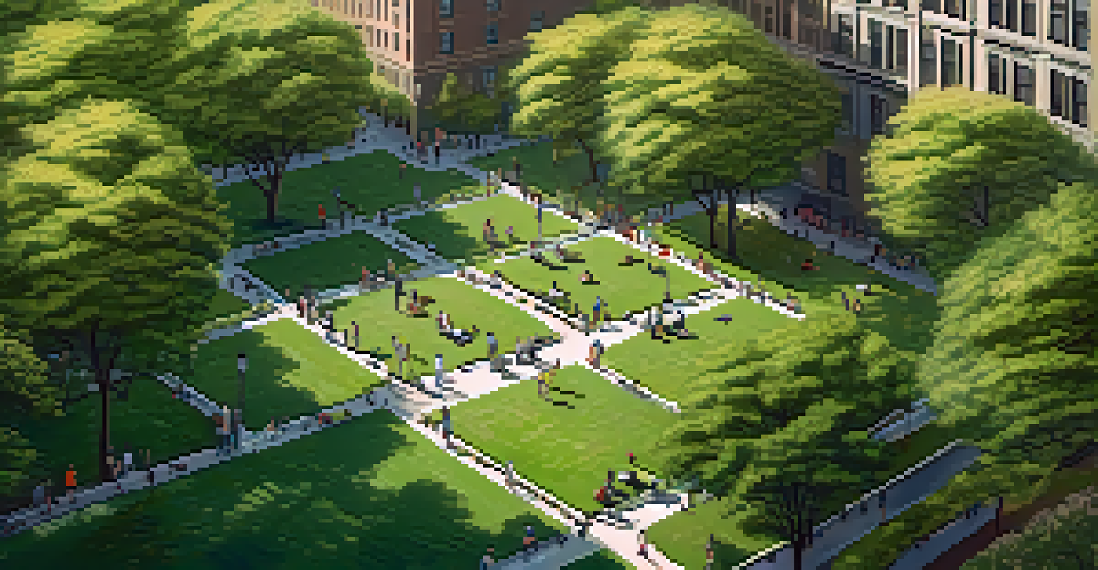 Aerial view of a park in New York City with people working on laptops on blankets, surrounded by greenery and trees under a sunny sky.