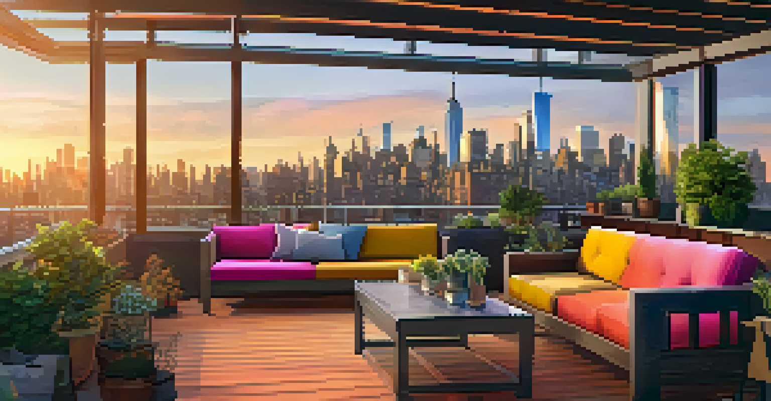 A diverse group of digital nomads collaborating on a rooftop in Manhattan with the NYC skyline at sunset.