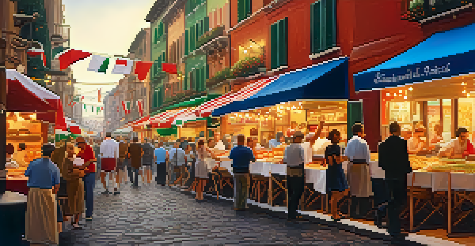 A festive street scene in Little Italy with food vendors and colorful decorations during the Feast of San Gennaro.