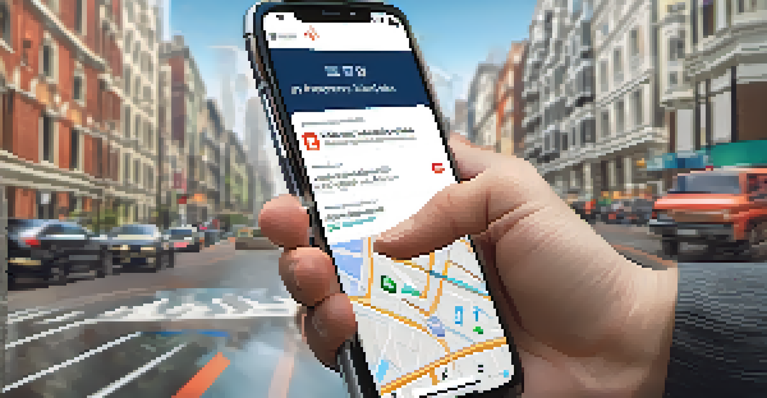 A close-up of a smartphone showing a disaster alert app with real-time updates, held against a blurred city street.