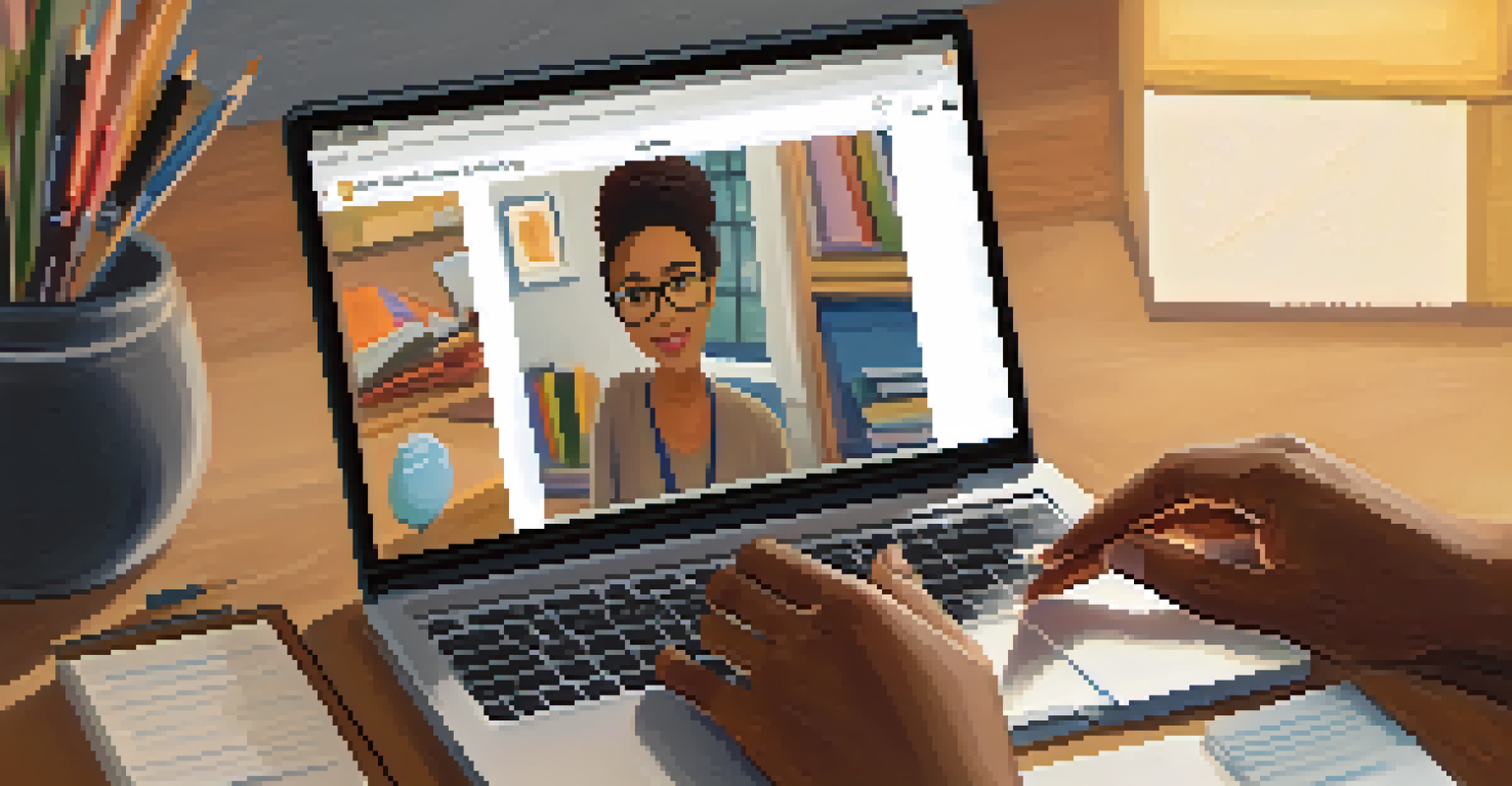 A teacher assisting a student with a virtual lesson on a laptop in a cozy home workspace filled with books.