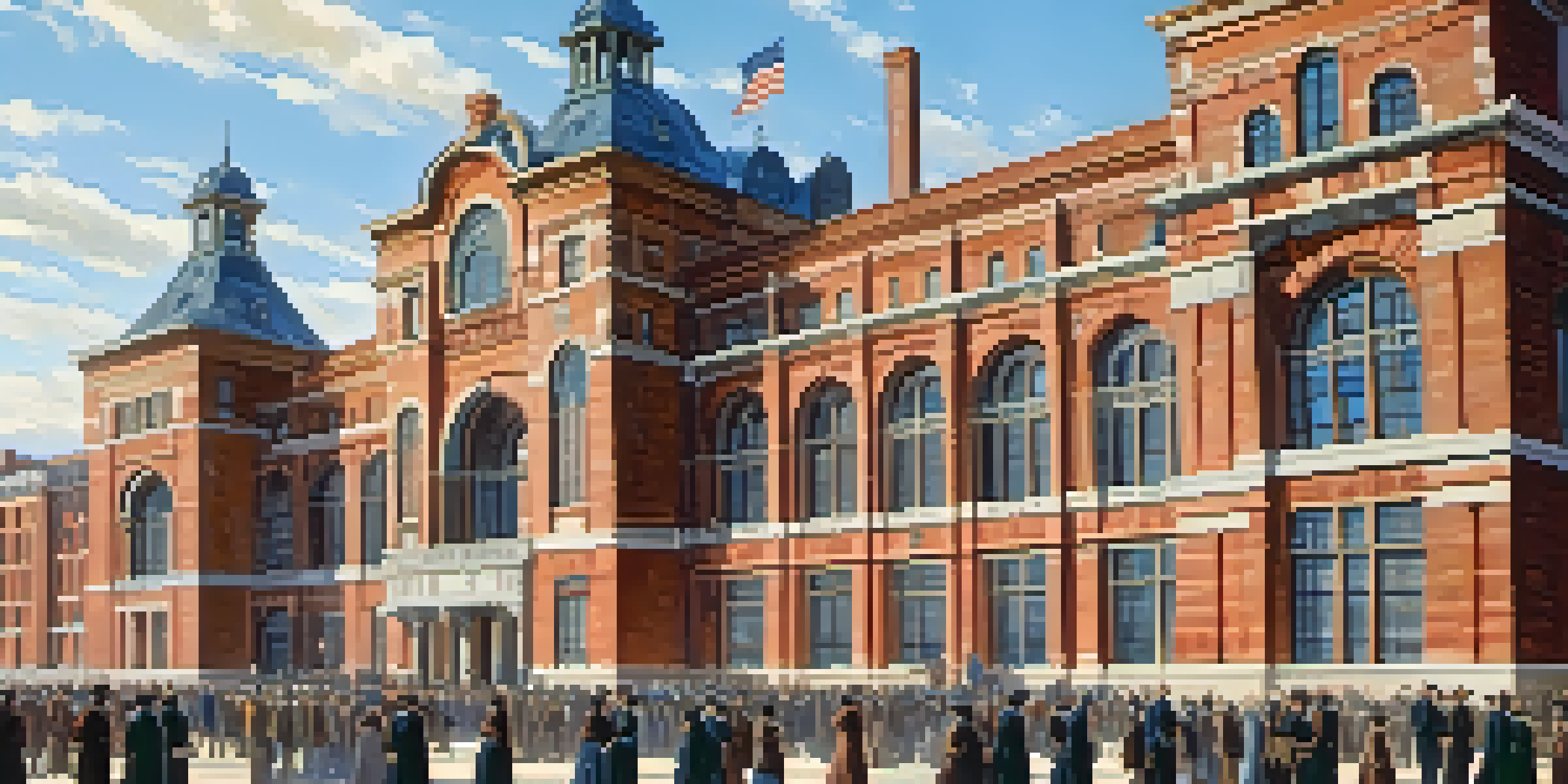 A historical scene of Ellis Island in the early 1900s with the Main Building and crowds of immigrants, showcasing architectural details and expressions of hope.