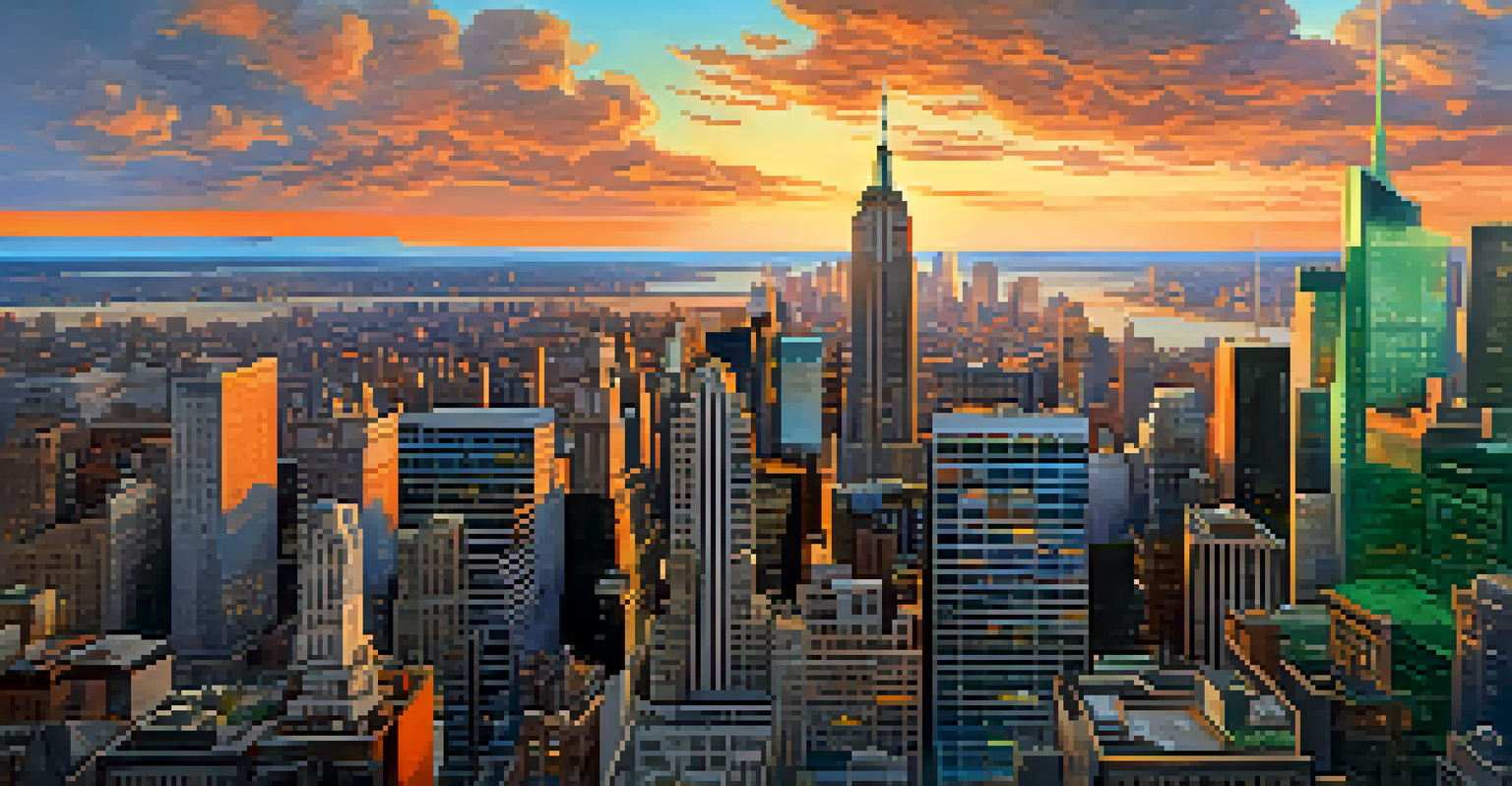 Aerial view of New York City skyline at sunset, showcasing the contrast between urban buildings and green parks with vibrant sky colors.