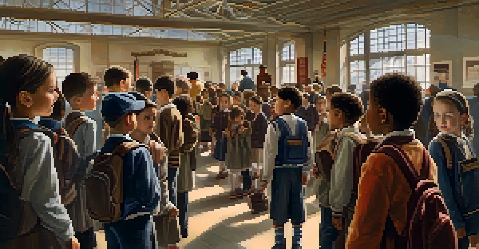 Schoolchildren on a field trip at Ellis Island, exploring historical exhibits in a museum setting.