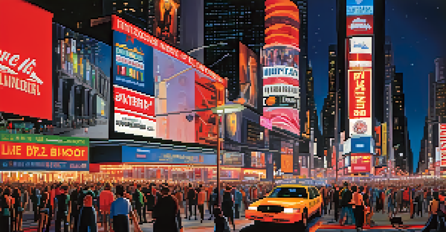 A lively night scene in Times Square filled with neon lights and crowds of people.