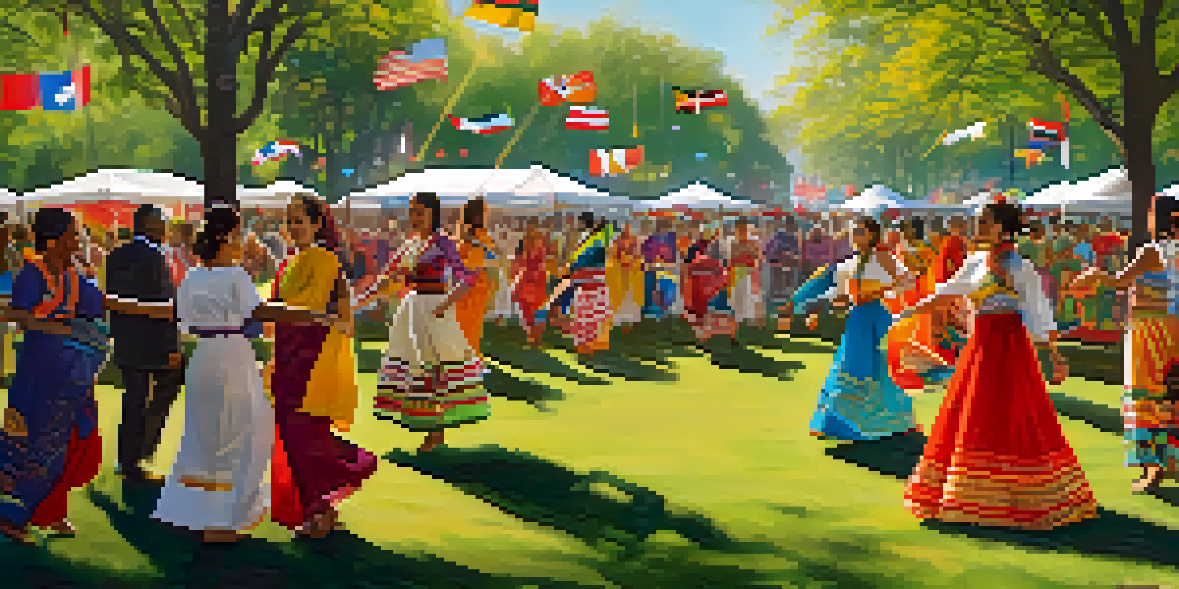 A lively cultural exchange event in a park, showcasing diverse individuals in traditional costumes dancing and enjoying international food stalls.