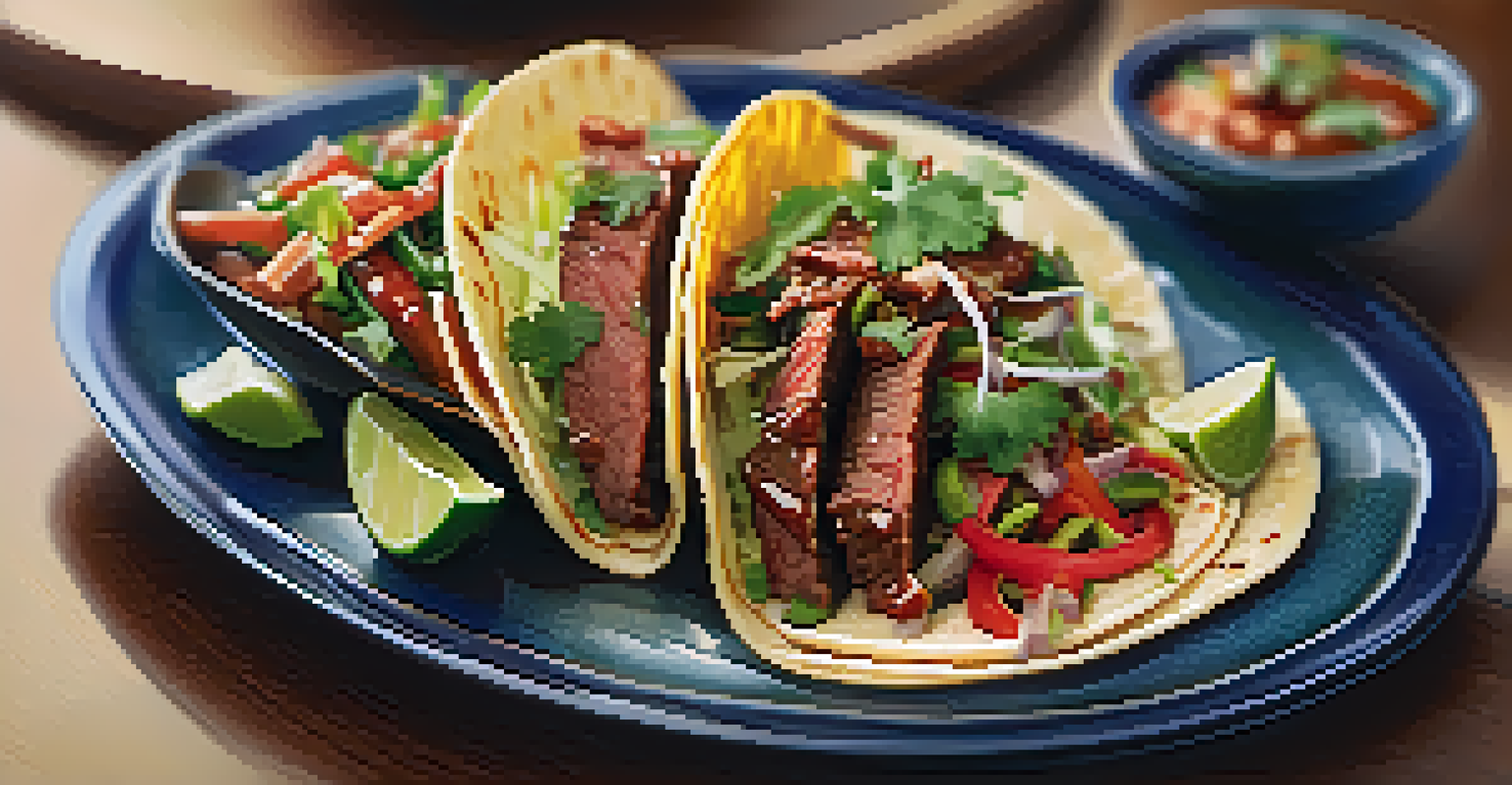 A close-up of a gourmet fusion dish featuring Korean BBQ tacos, with vibrant ingredients and garnishes on a stylish plate.
