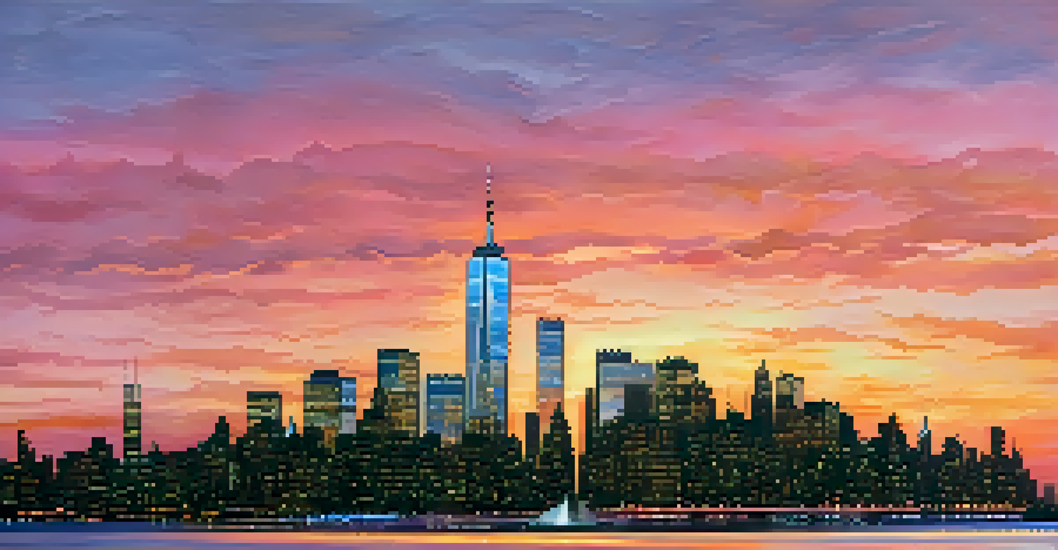 A stunning skyline view of New York City at dusk, showcasing financial institutions and vibrant colors.