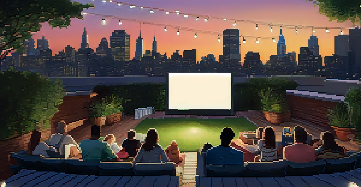 An audience enjoying a rooftop film screening in NYC with the skyline and fairy lights creating a cozy atmosphere.