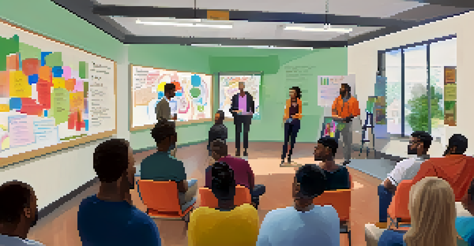 A welcoming community center interior with diverse participants in a mental health workshop, engaging in discussion and learning.
