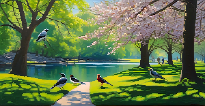 A picturesque view of Central Park in spring with birds on cherry blossom trees and people birdwatching.