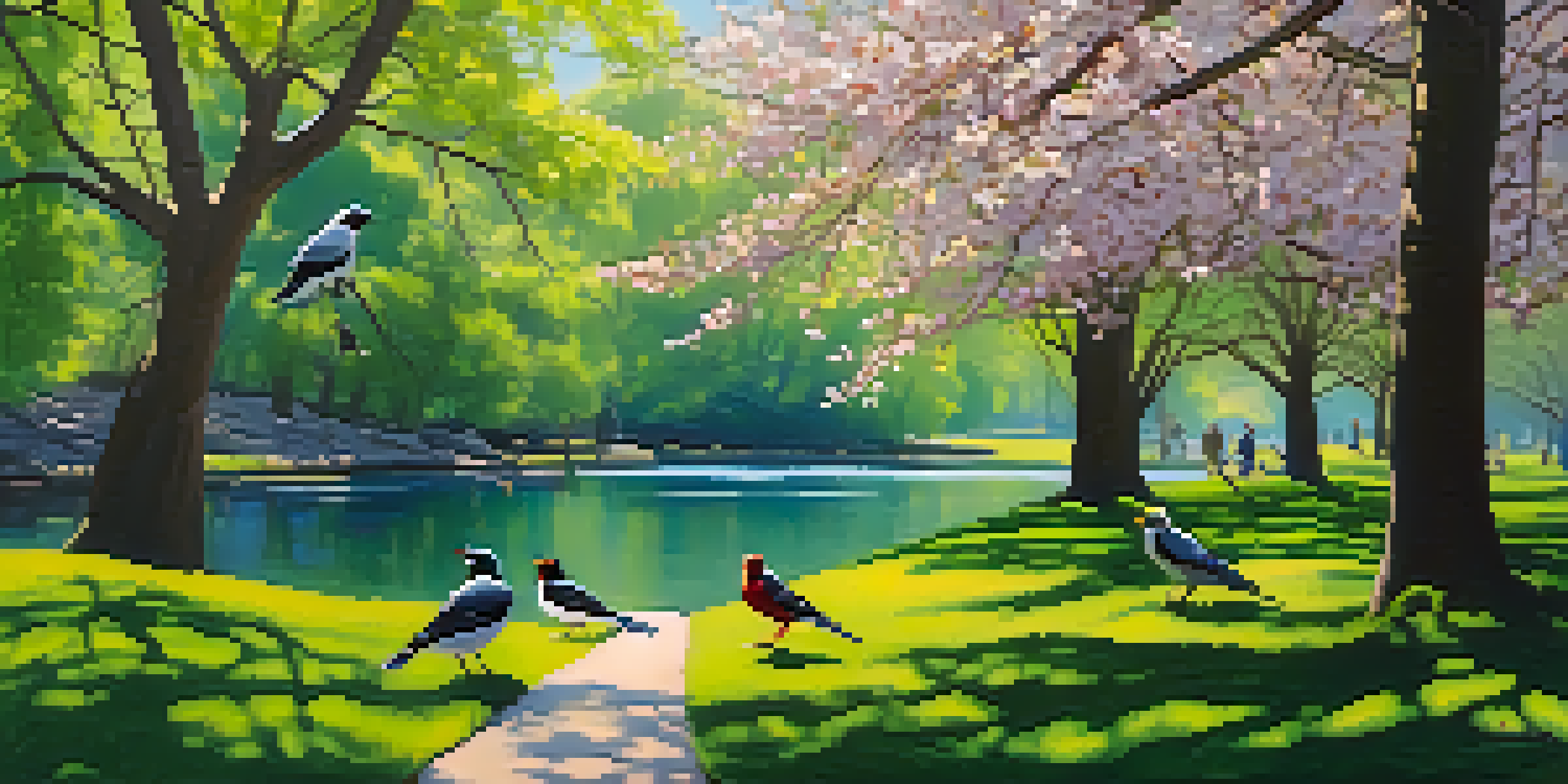 A picturesque view of Central Park in spring with birds on cherry blossom trees and people birdwatching.