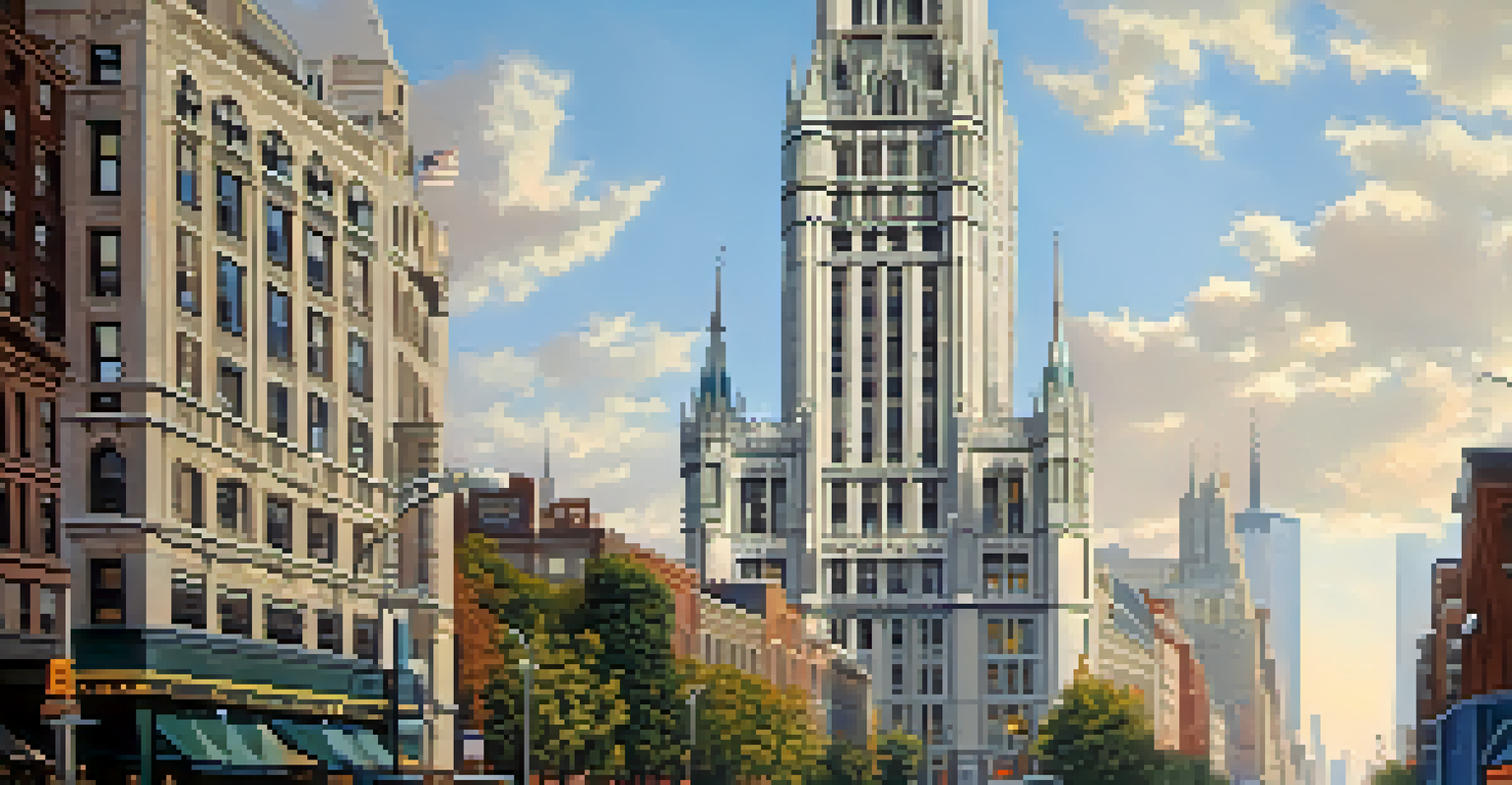 A street-level view of the Woolworth Building's spire, highlighting its vertical lines and intricate details against a city skyline.