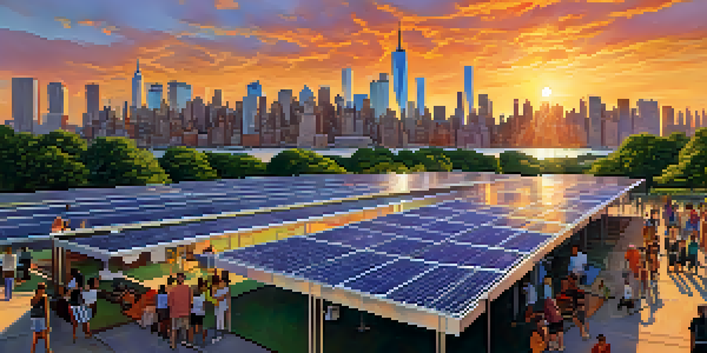 A scenic sunset view of New York City skyline with solar panels on rooftops and people in a park.