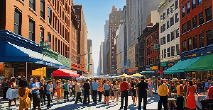 A lively New York City street filled with artists and performers, showcasing colorful street art and musicians, with sunlight filtering through tall buildings.