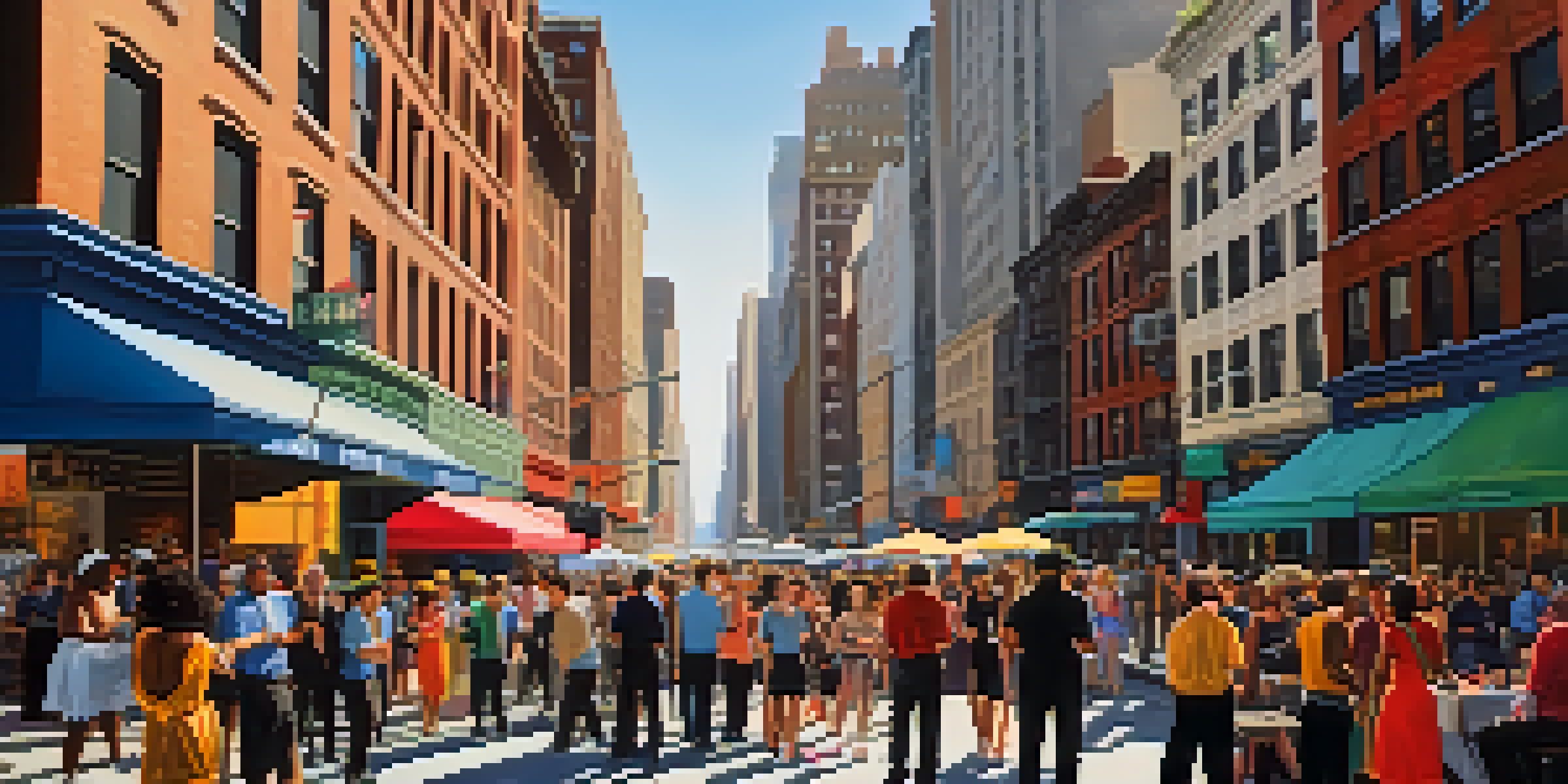 A lively New York City street filled with artists and performers, showcasing colorful street art and musicians, with sunlight filtering through tall buildings.