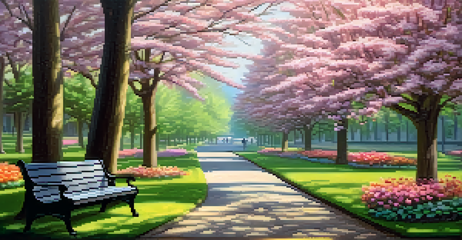 A close-up of a peaceful park pathway with tall trees, blooming flowers, and a cozy bench, illuminated by soft sunlight.