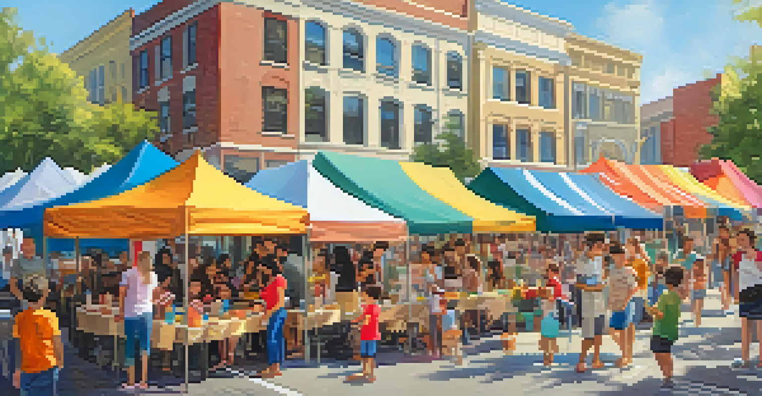 Families at a street fair, with children face painting and parents capturing joyful moments.