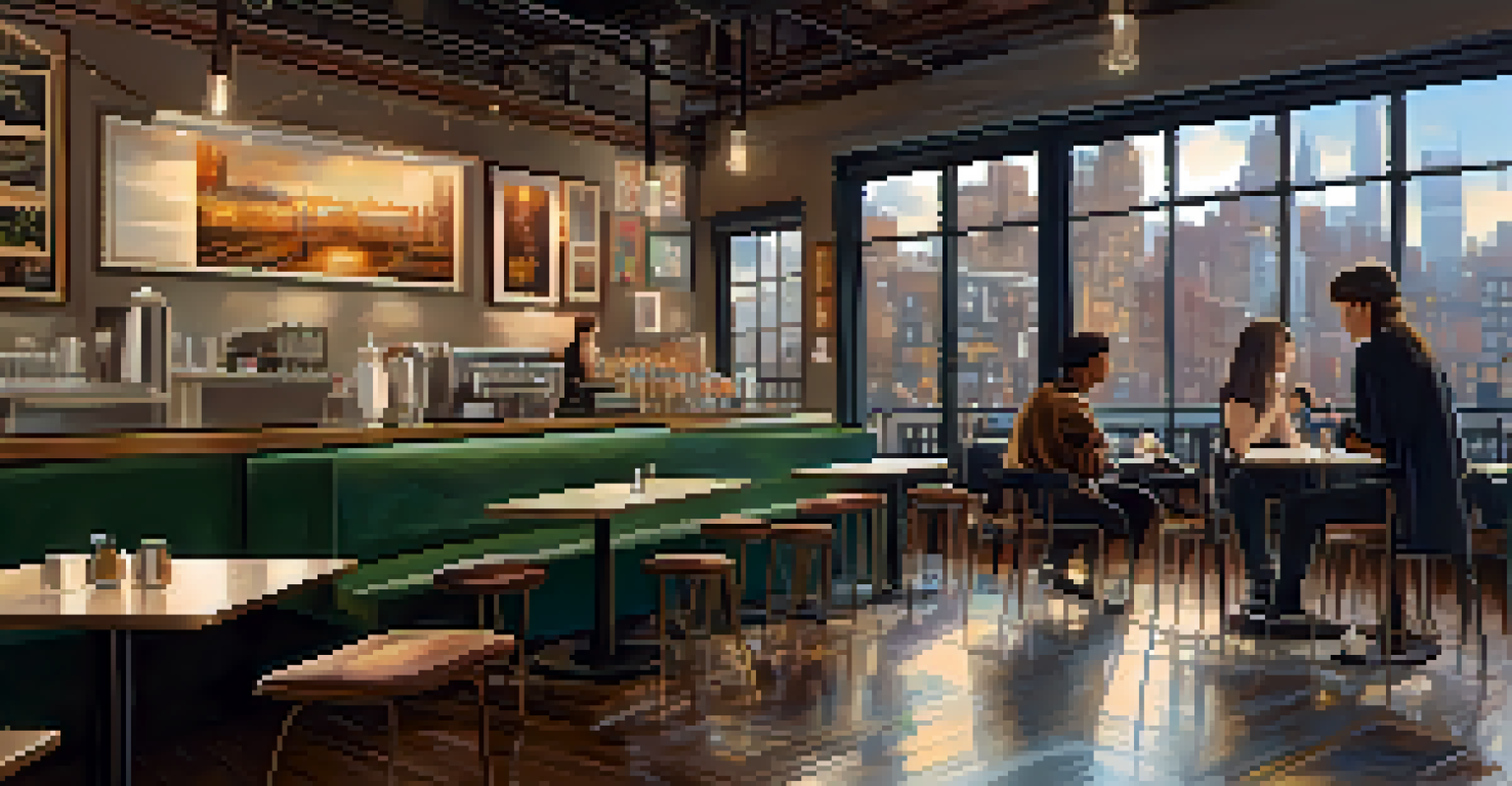 Inside a cozy café in New York City, young artists collaborate on a mural, surrounded by paint splatters and soft lighting, with a view of the city outside the window.