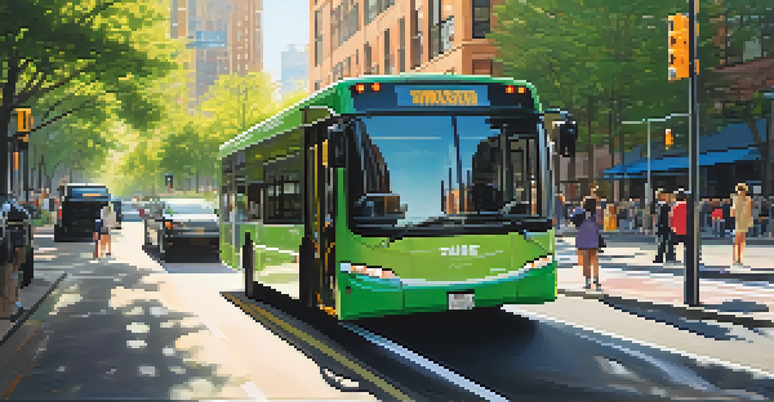 A modern electric bus driving along a dedicated bus lane in New York City, surrounded by greenery and pedestrians.