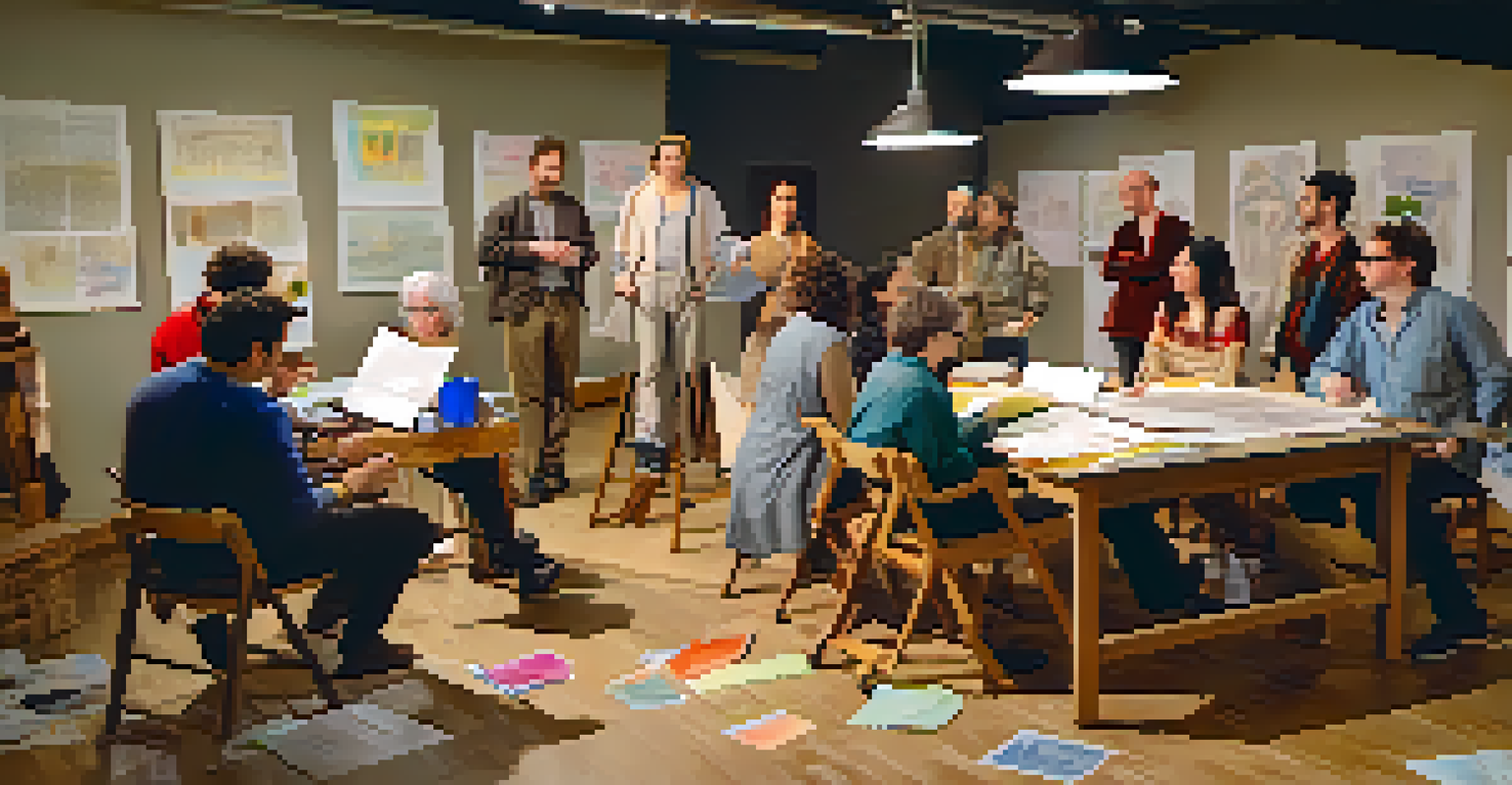 Artists collaborating in a community workshop for independent theater, surrounded by scripts and props. The scene showcases creativity and teamwork.