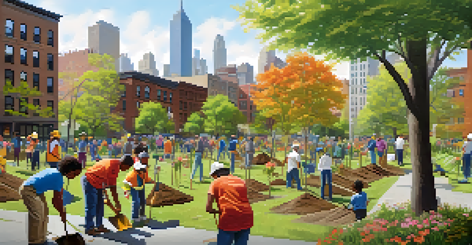 Volunteers planting trees in a park in New York City, showcasing community involvement and environmental care.