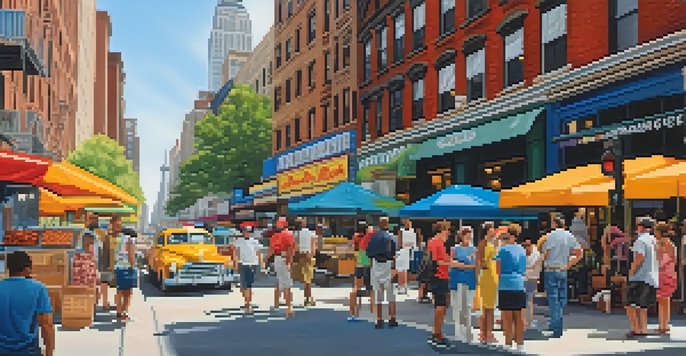 A lively street scene in New York City with tourists, iconic landmarks, and colorful street art.