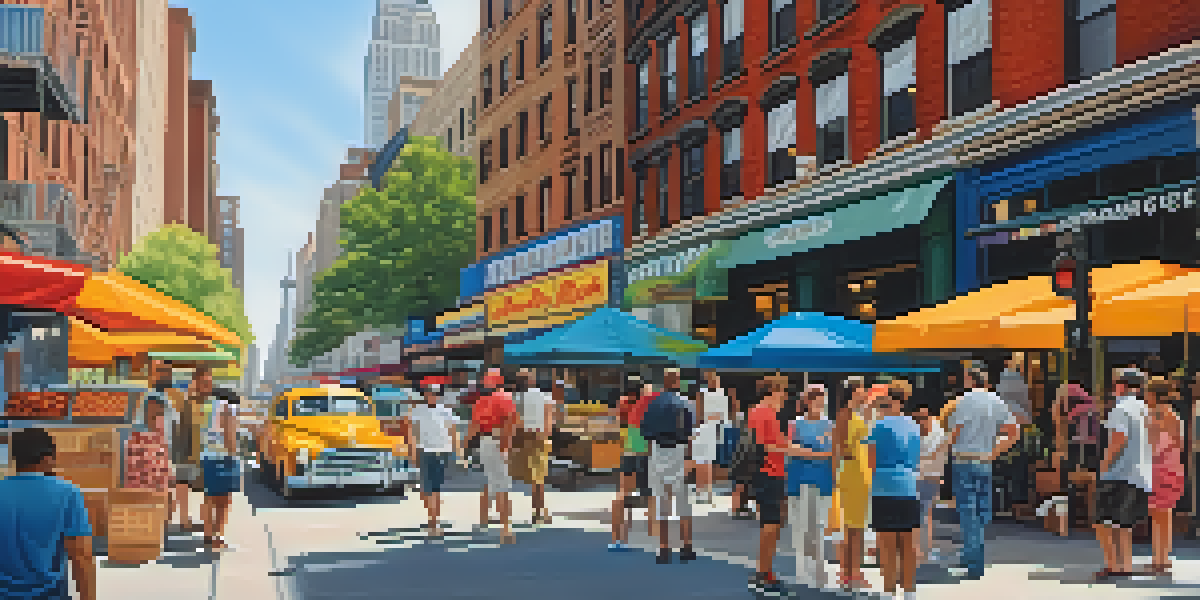 A lively street scene in New York City with tourists, iconic landmarks, and colorful street art.
