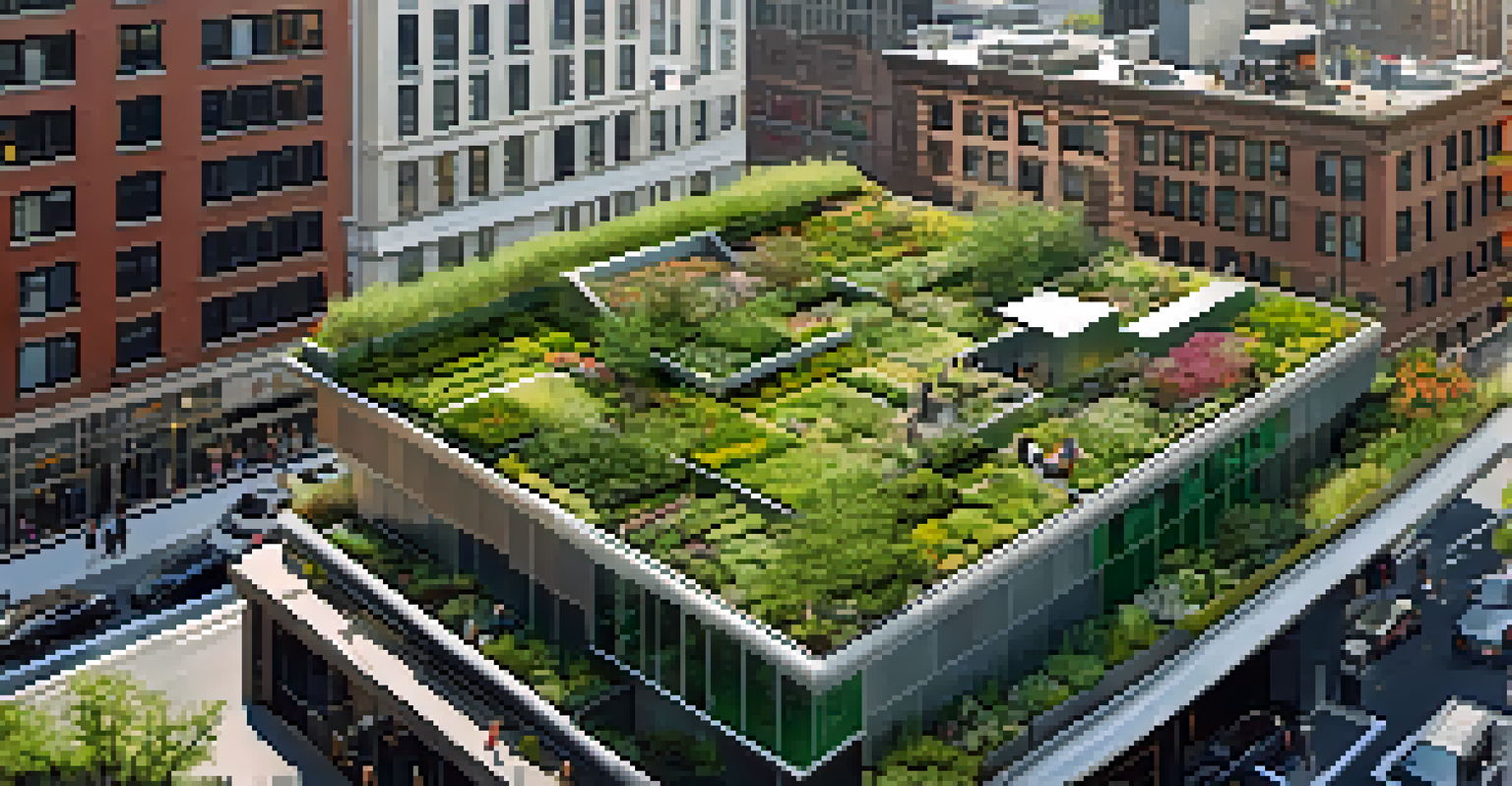 An aerial view of a green roof on a modern building in New York City, featuring plants and a seating area, with busy city streets below.