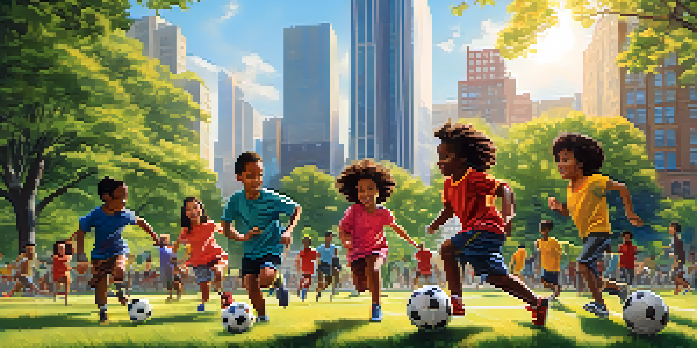 A diverse group of children joyfully playing soccer in a sunny city park with buildings in the background.