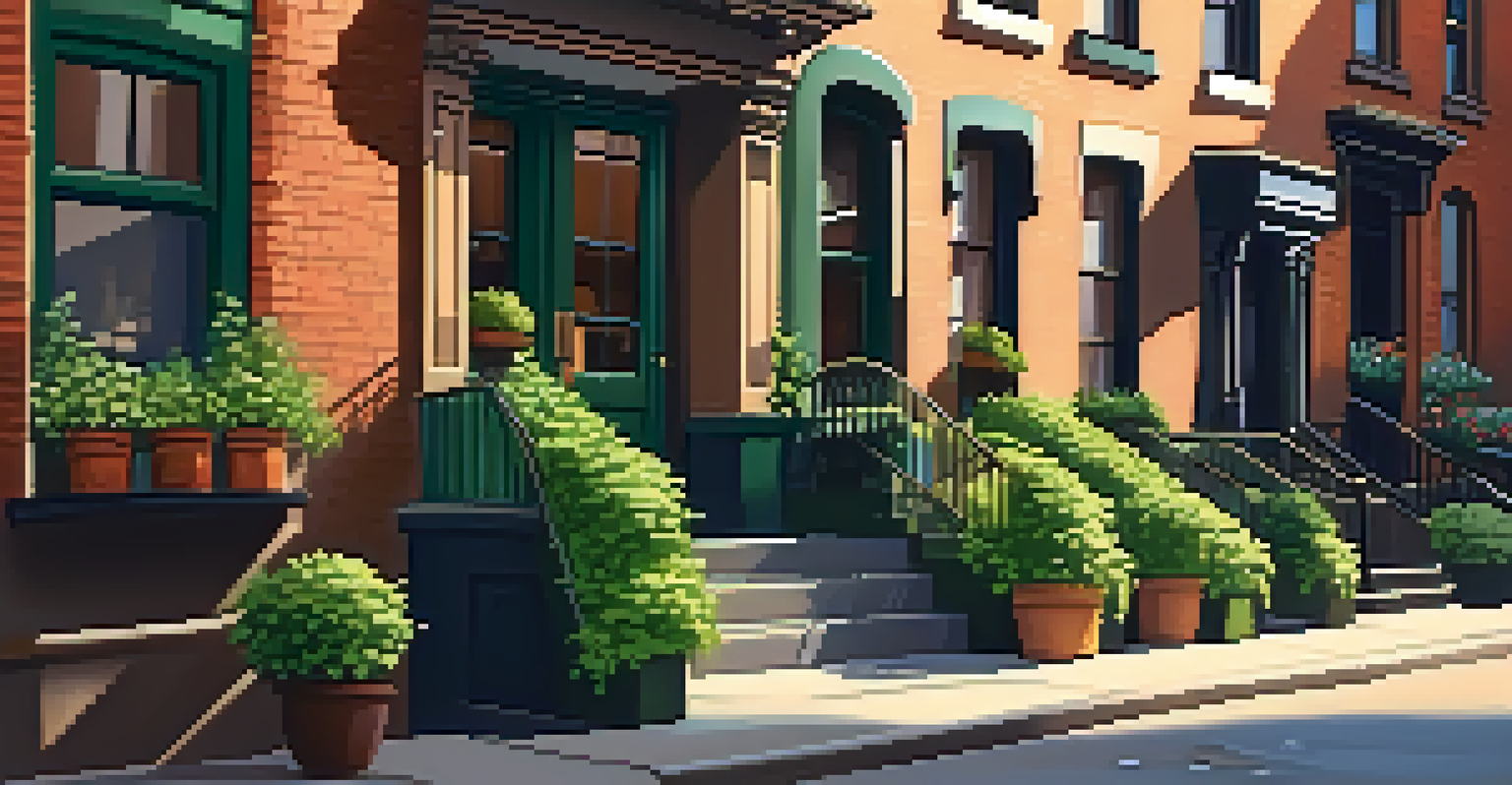 A peaceful street in West Village with brownstones, ivy, and people walking on the sidewalk during golden hour.