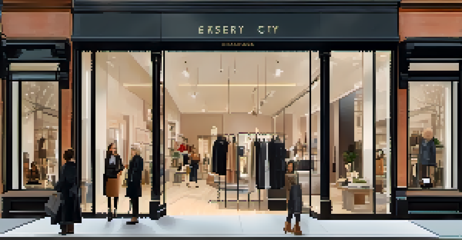 A stylish boutique with large display windows, elegant interior, and customers browsing clothes and accessories.
