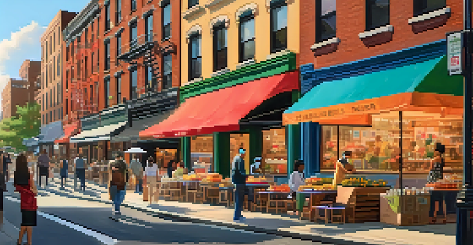 A lively New York City street filled with people wearing masks, shopping at colorful local businesses with outdoor seating and delivery signs, illuminated by soft evening light.