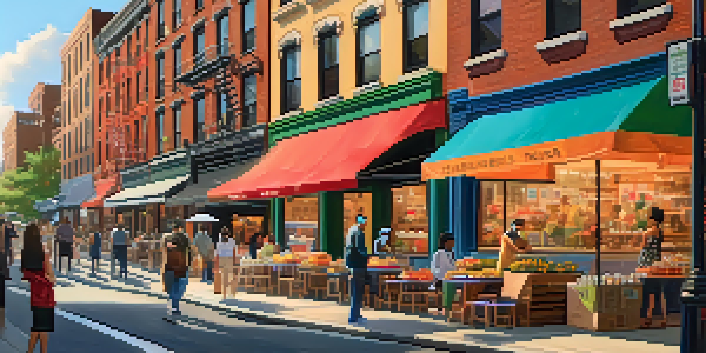 A lively New York City street filled with people wearing masks, shopping at colorful local businesses with outdoor seating and delivery signs, illuminated by soft evening light.