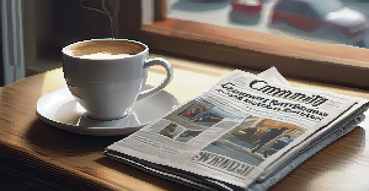 A close-up of a local newspaper on a café table next to a steaming cup of coffee, with warm light filtering in from a window.