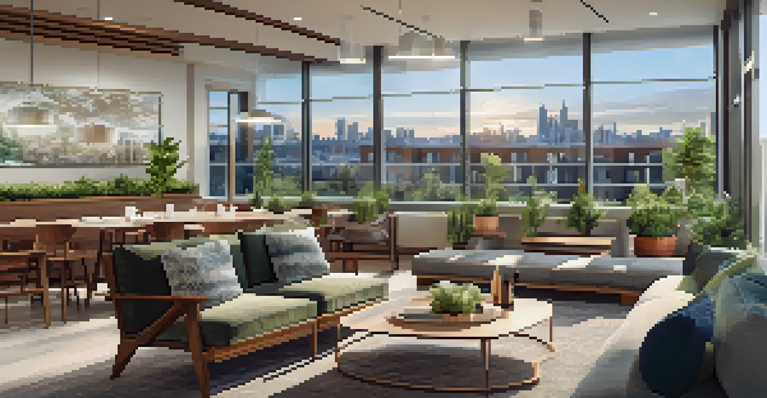 A modern communal area in a multi-family building with residents enjoying activities, comfortable seating, and greenery.