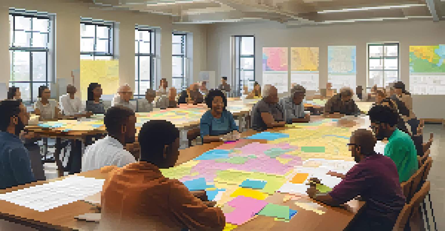 A community workshop with diverse residents discussing urban planning, surrounded by blueprints and maps, in a sunny community center.