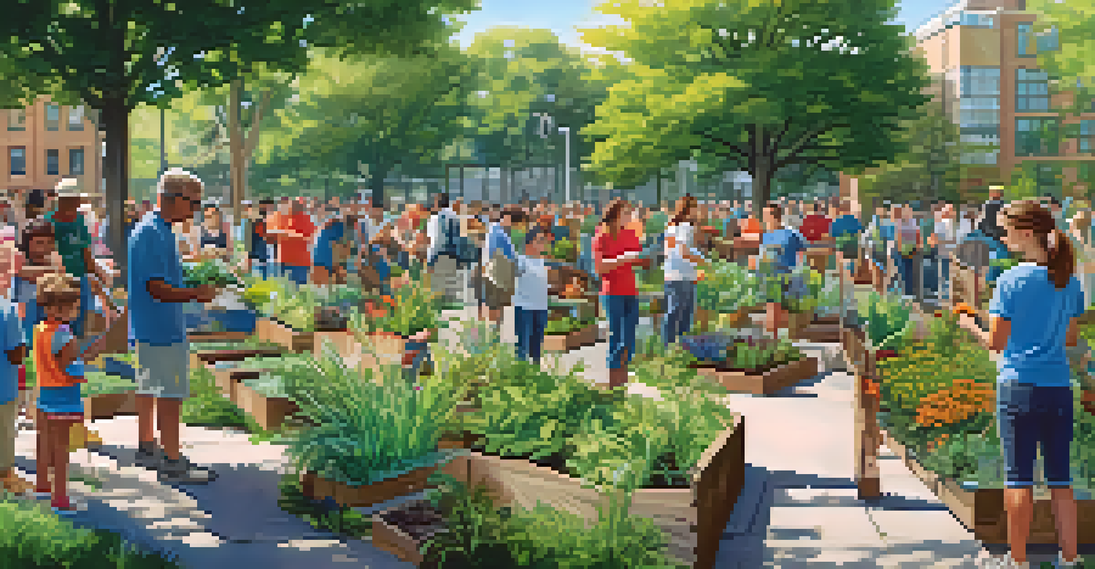 A community event in a city park focused on wildlife conservation, featuring people planting native plants and engaging with educational materials.