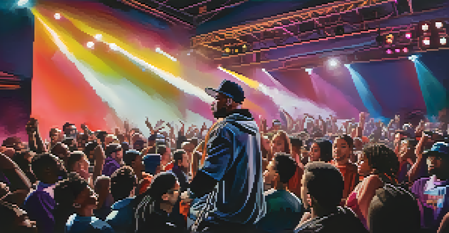 A modern hip-hop artist performing on stage in NYC with a lively audience and colorful stage lights.