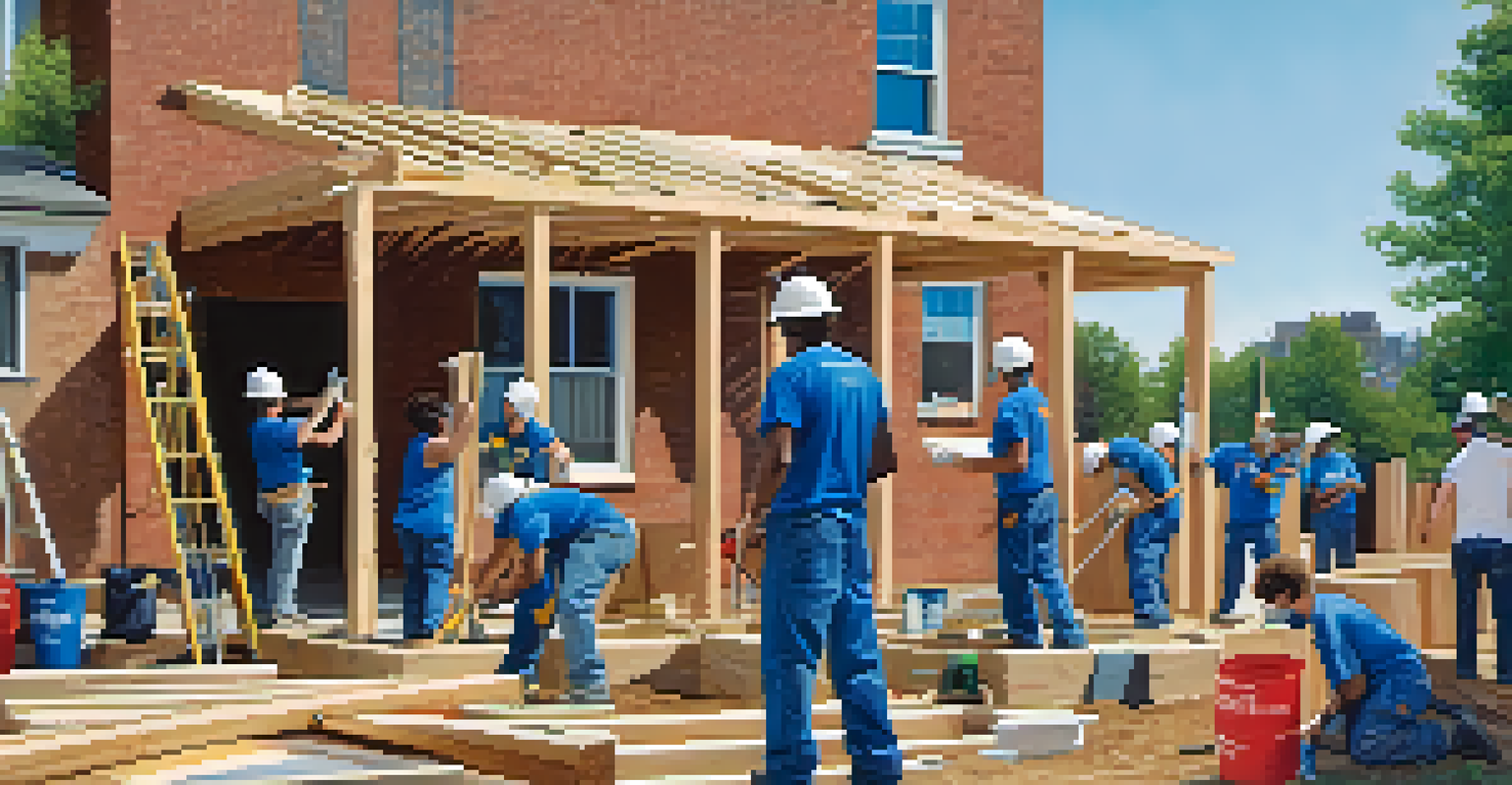 Volunteers building a house for Habitat for Humanity under a blue sky, highlighting teamwork and community effort.