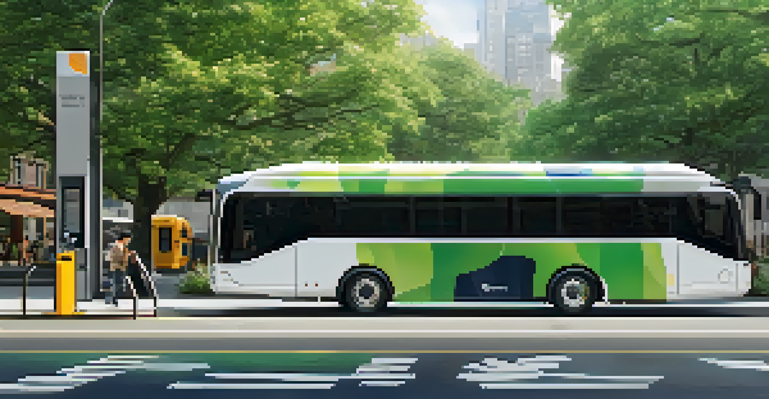 An electric bus at a charging station in New York City, surrounded by a park with trees and flowers, showcasing a blend of urban and natural elements.