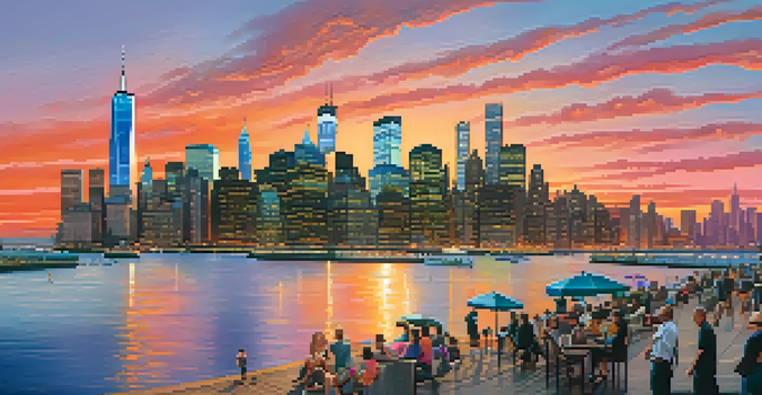 A sunset view of Lower Manhattan's waterfront with skyscrapers and a park filled with people, showcasing the vibrant colors reflecting on the water.