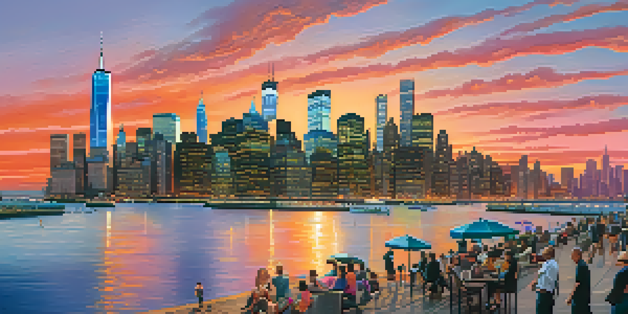 A sunset view of Lower Manhattan's waterfront with skyscrapers and a park filled with people, showcasing the vibrant colors reflecting on the water.