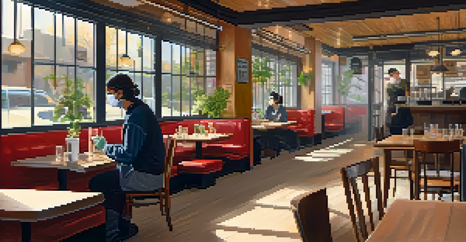 Inside a small restaurant with tables spaced for social distancing, a masked staff member serves customers amidst a warm atmosphere with natural light and safety signage.